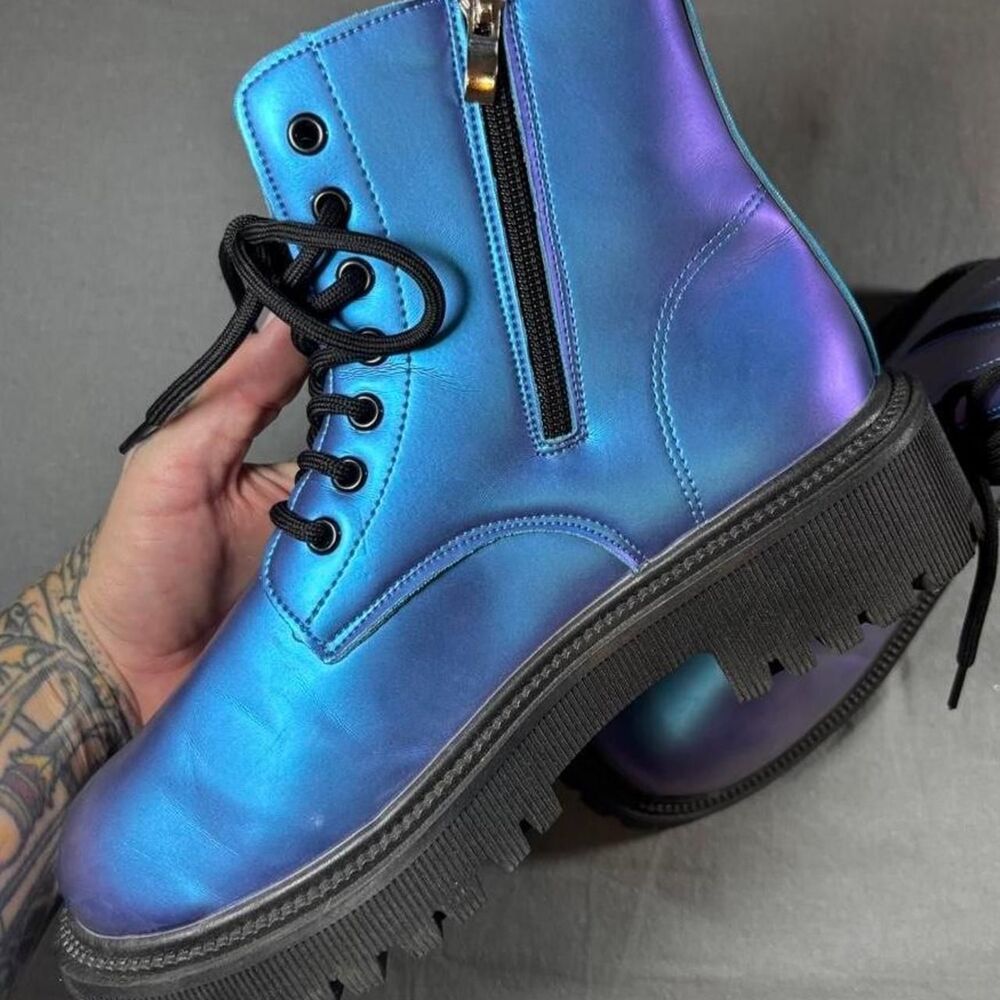 Women Size 9 Like New Blue Holographic Combat style boots - Picture 3 of 6